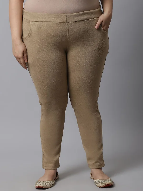 TAG 7 Women Plus size Beige Solid Ankle-Length Leggings Fashionable Printed Leggings