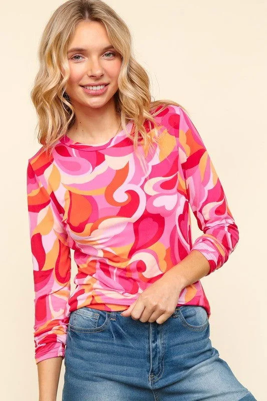 Haptics Heart Print Round Neck Long Sleeve T-Shirt-- Satin Fabric Silk Fabric Chiffon Fabric