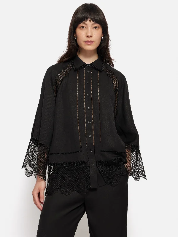 Scallop Trim Shirt | Black-- Mesh Blend Leather Blend Suede Blend