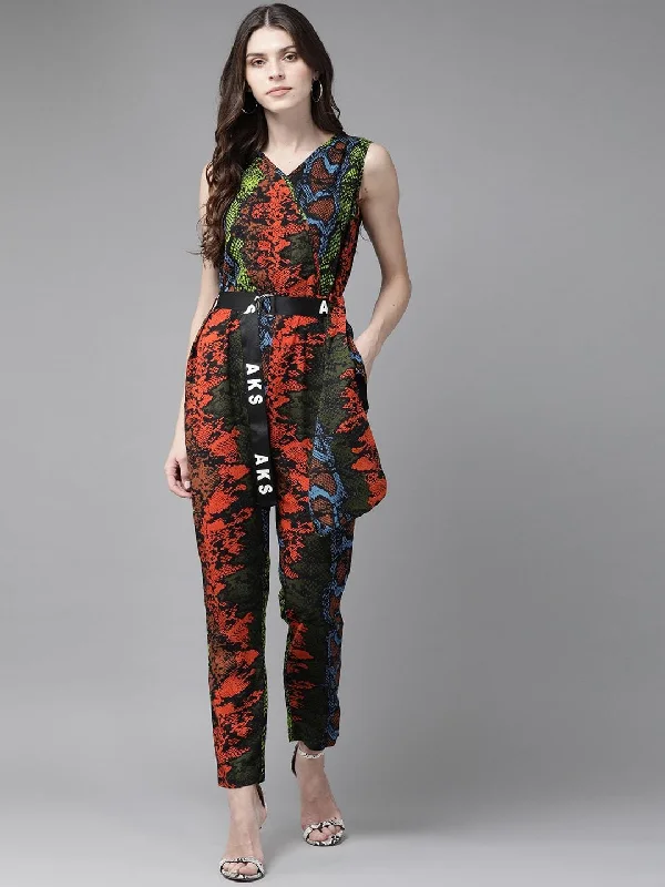 Women's  Orange & Black Snake Printed Basic Jumpsuit - AKS Pleated jumpsuit, Elegant, Fashion forward, Feminine