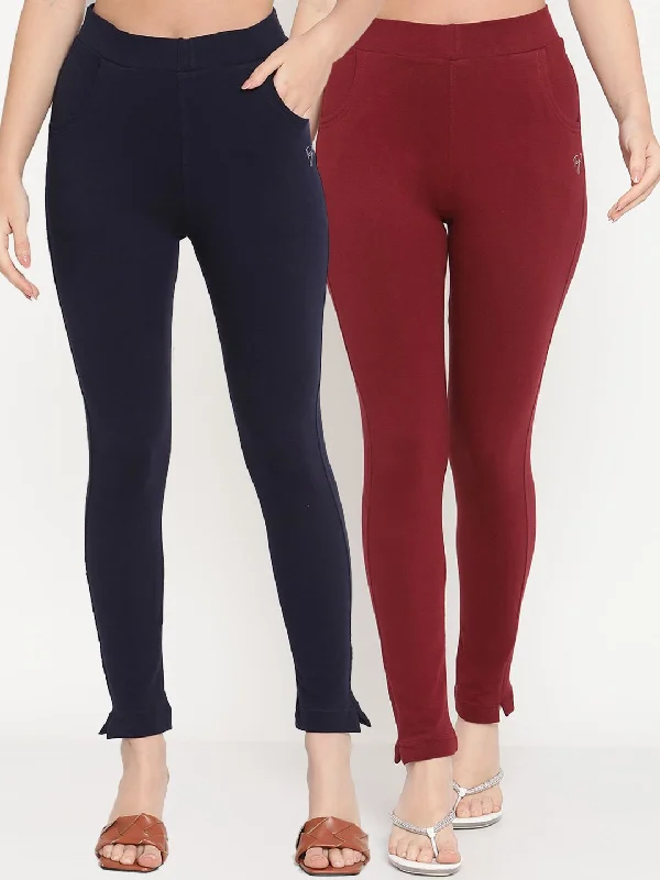 TAG 7 Set Of 2 Maroon & Navy Blue Solid Leggings Comfortable Slip-On Leggings