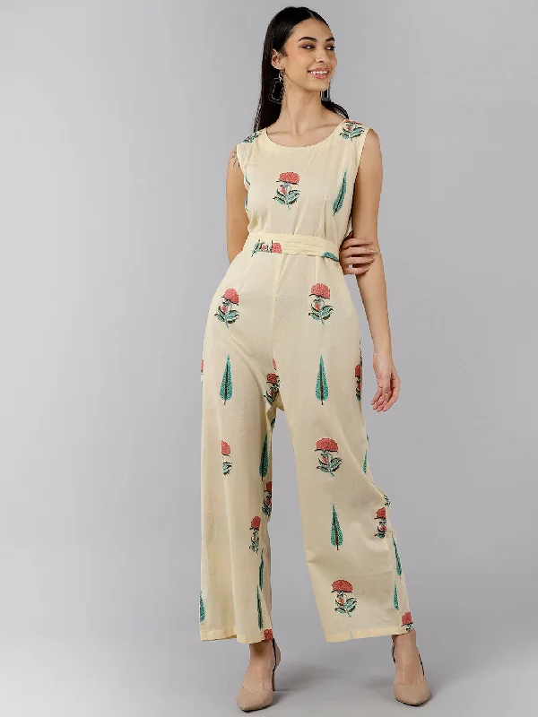 Women's Cream Cotton Printed Jumpsuit - Ahika Wide-leg jumpsuit, Loose fit, Chic, Comfortable