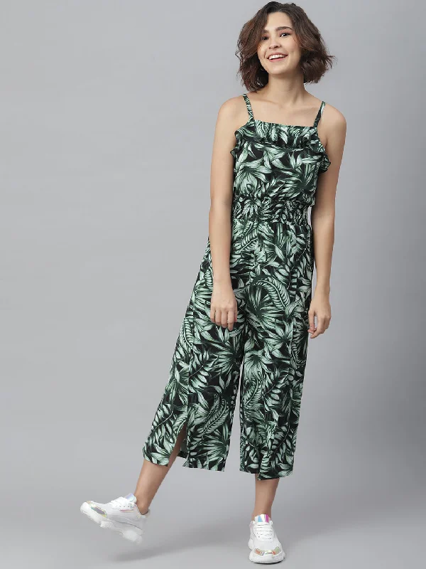 Black & Green Polyester Printed Jumpsuit With Slit Pants Chic jumpsuit, Minimal design, Sleek, Trendy