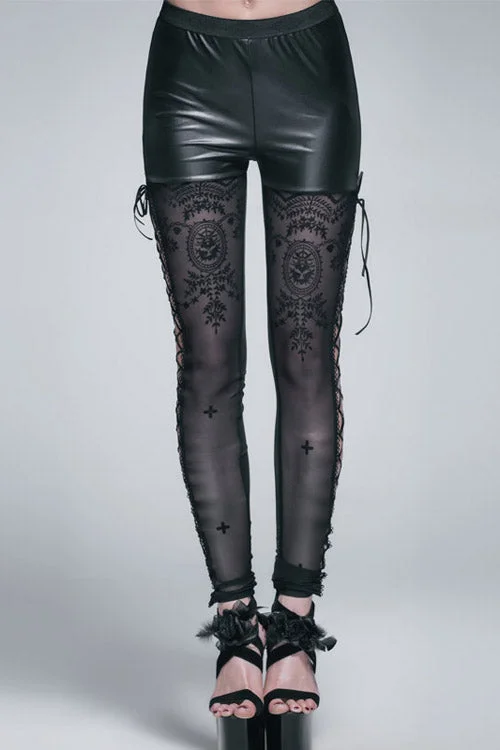 Gothic Flocking Printed Mesh Sexy Leggings Womens Pants Chic Floral Print Leggings