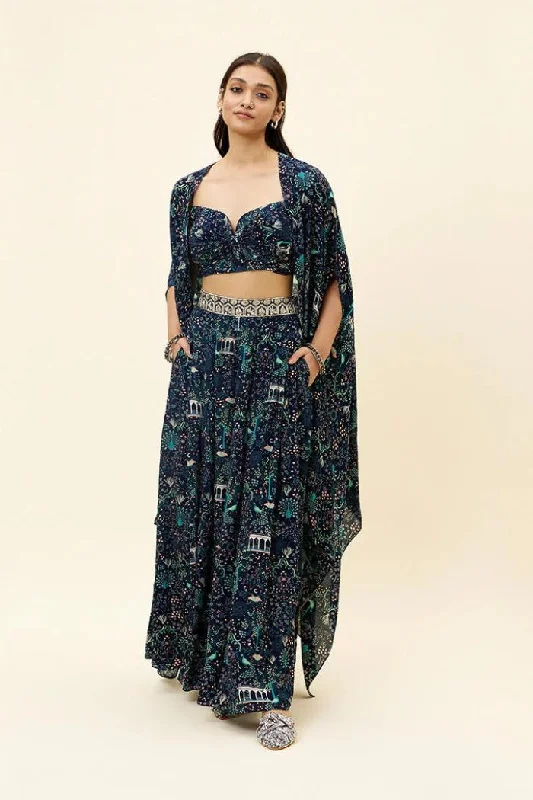 BLUE MOR JAAL PRINT BOX PLEATED PANTS WITH BIKINI BUSTIER AND CAPE Frill bikini top, Feminine, Trendy, Sexy