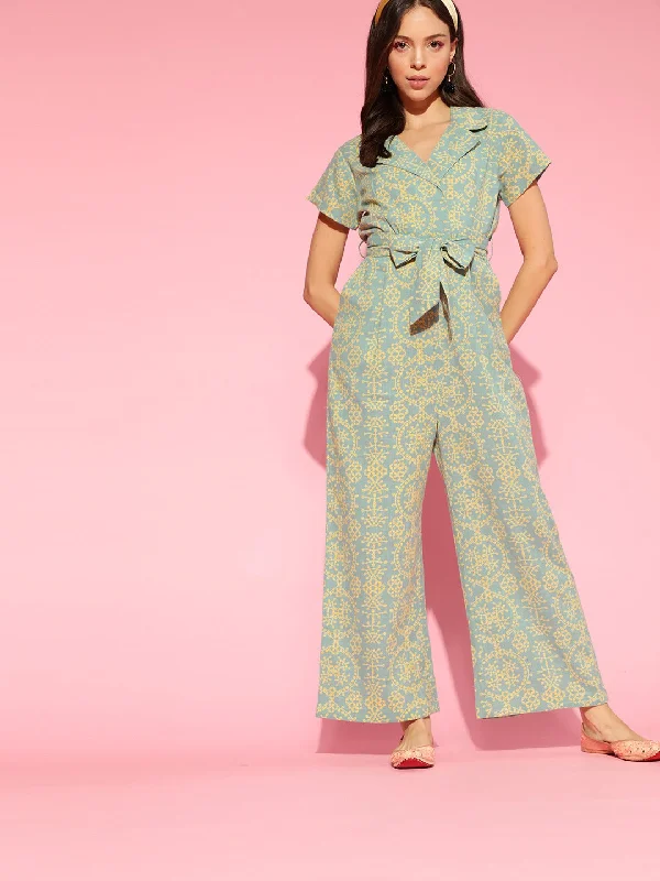 Women's Green Cotton Printed Jumpsuit - Ahika Floral pattern jumpsuit, Feminine, Elegant, Stylish