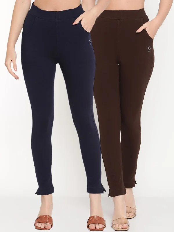 TAG 7 Women Navy Blue & Brown Pack Of 2 Solid Comfort-Fit Ankle-Length Leggings Casual Black Leggings