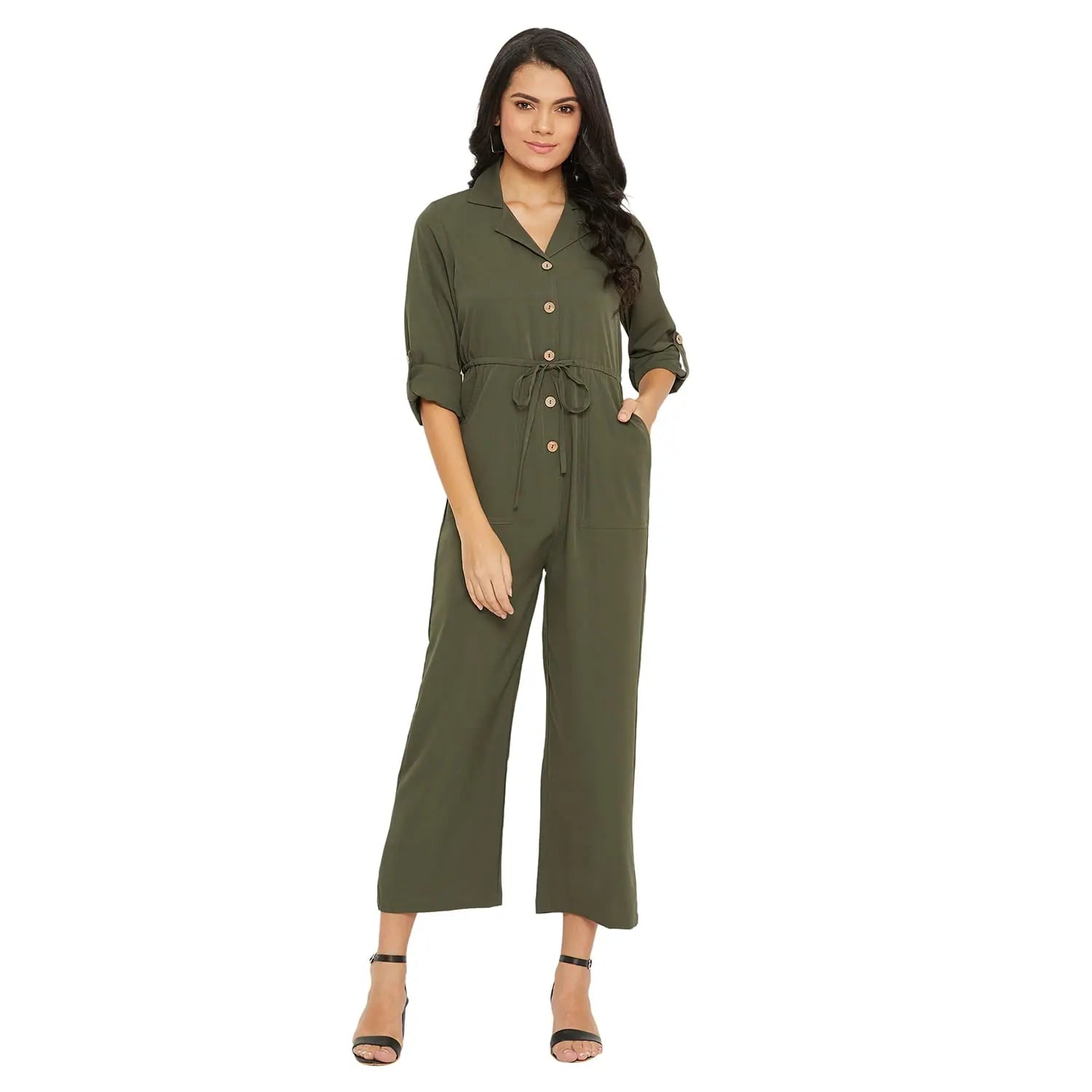 Women Solid Standard Olive Jumpsuits & Sets Sleeveless wide-leg jumpsuit, Comfortable, Relaxed, Summer wear