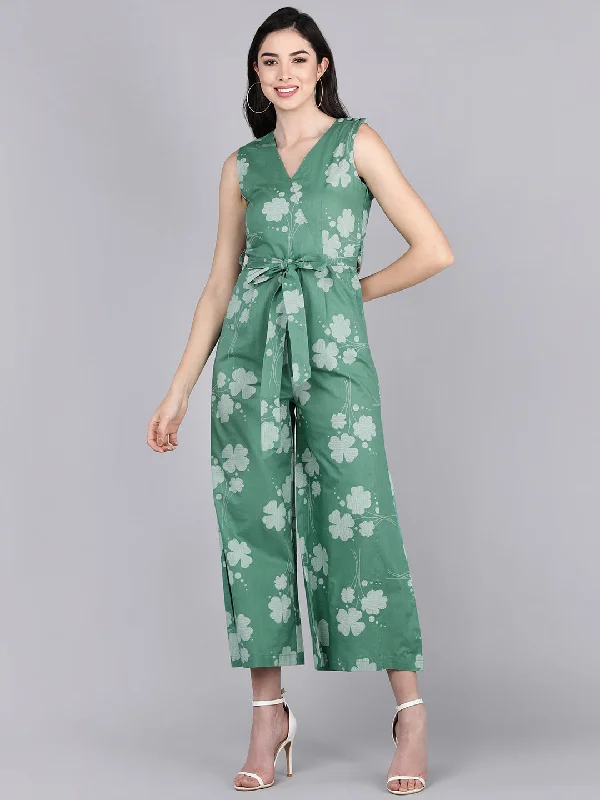 Women's Green Cotton Printed Jumpsuit - Ahika Flared leg jumpsuit, Retro style, Trendy, Casual