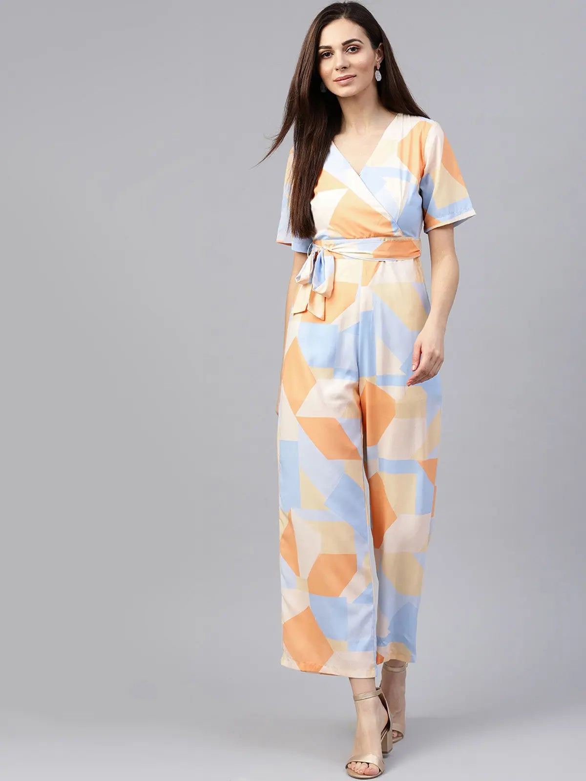 Overlap Abstract Print Jumpsuit Belted jumpsuit, Chic, Elegant, Comfortable