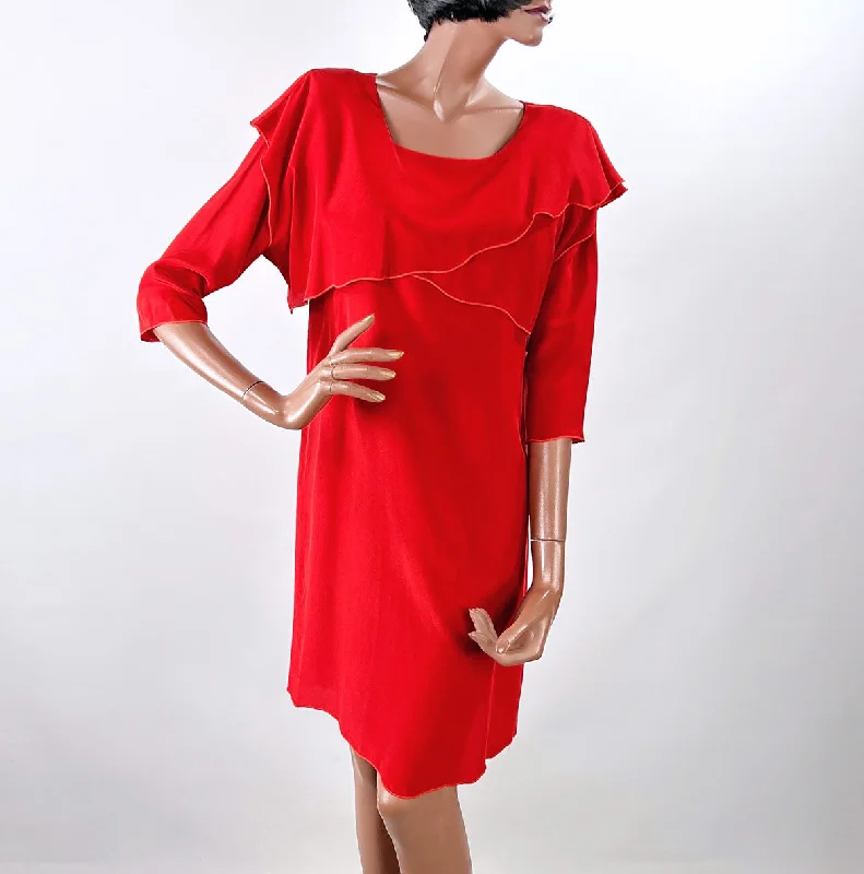 80s 90s Red Dress Shift Tunic Layered Vintage Ms. Holly Harp VFG Elegant Long Evening