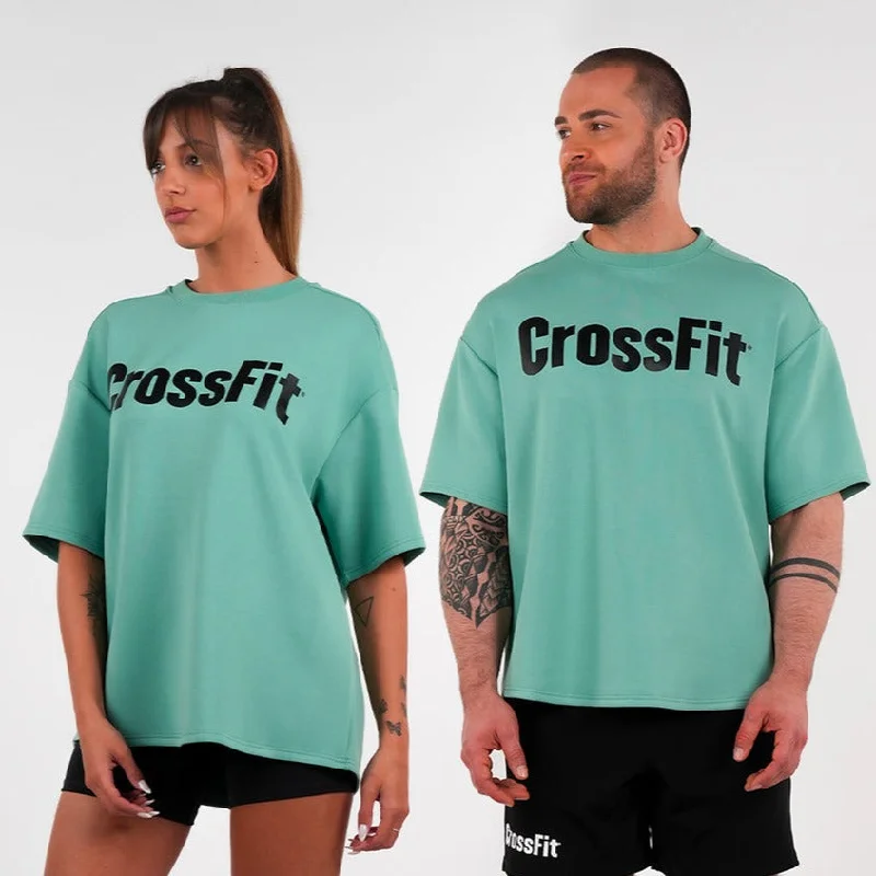 Northern Spirit - CROSSFIT® SMURF UNISEX OVERSIZED T-SHIRT - SHALE GREEN-- Beaded Sequined Faux Fur