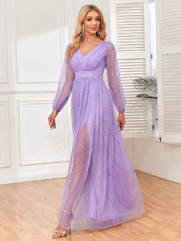 Sparkling Long Sleeves V-Neck A-line Evening Dress with Slit Tunics Luxurious high-end