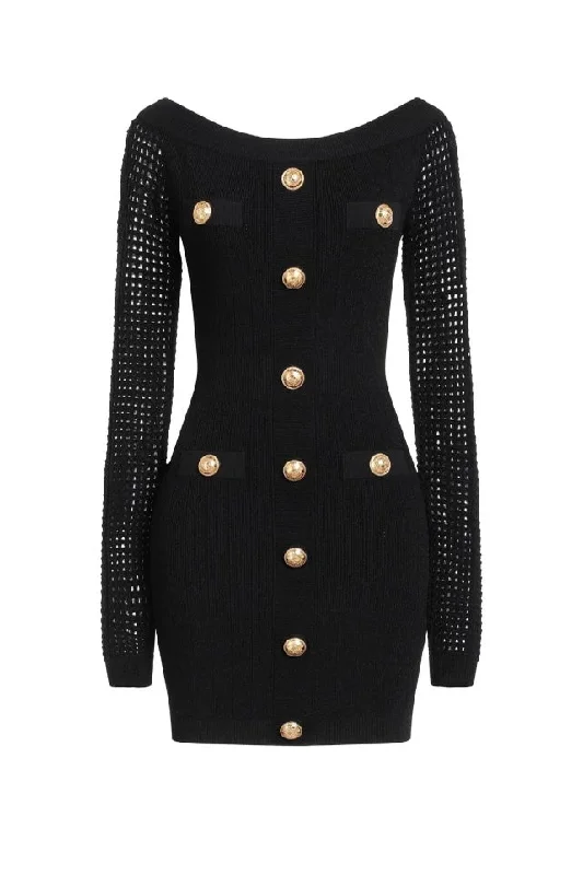 BALMAIN OFF THE SHOULDER MESH KNIT DRESS Tunics Running lightweight