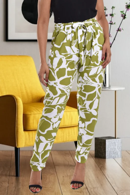 Green And White Printed Pocket Pants Slim Fit Casual Pants