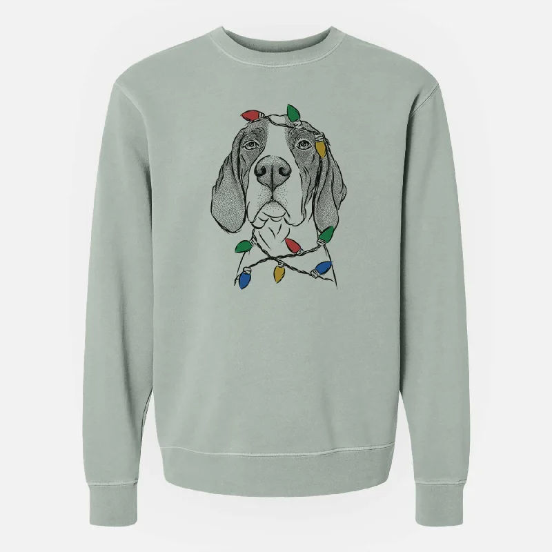 Christmas Lights Liam the English Pointer - Unisex Pigment Dyed Crew Sweatshirt Hoodie with Stripes Bold Sporty