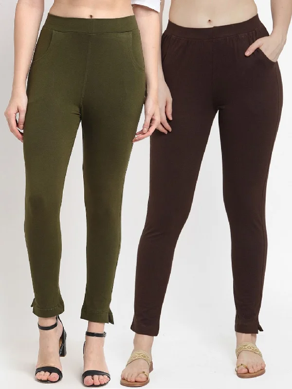 TAG 7 Women Olive Green & Brown Pack of 2 Leggings Elegant Shiny Black Leggings