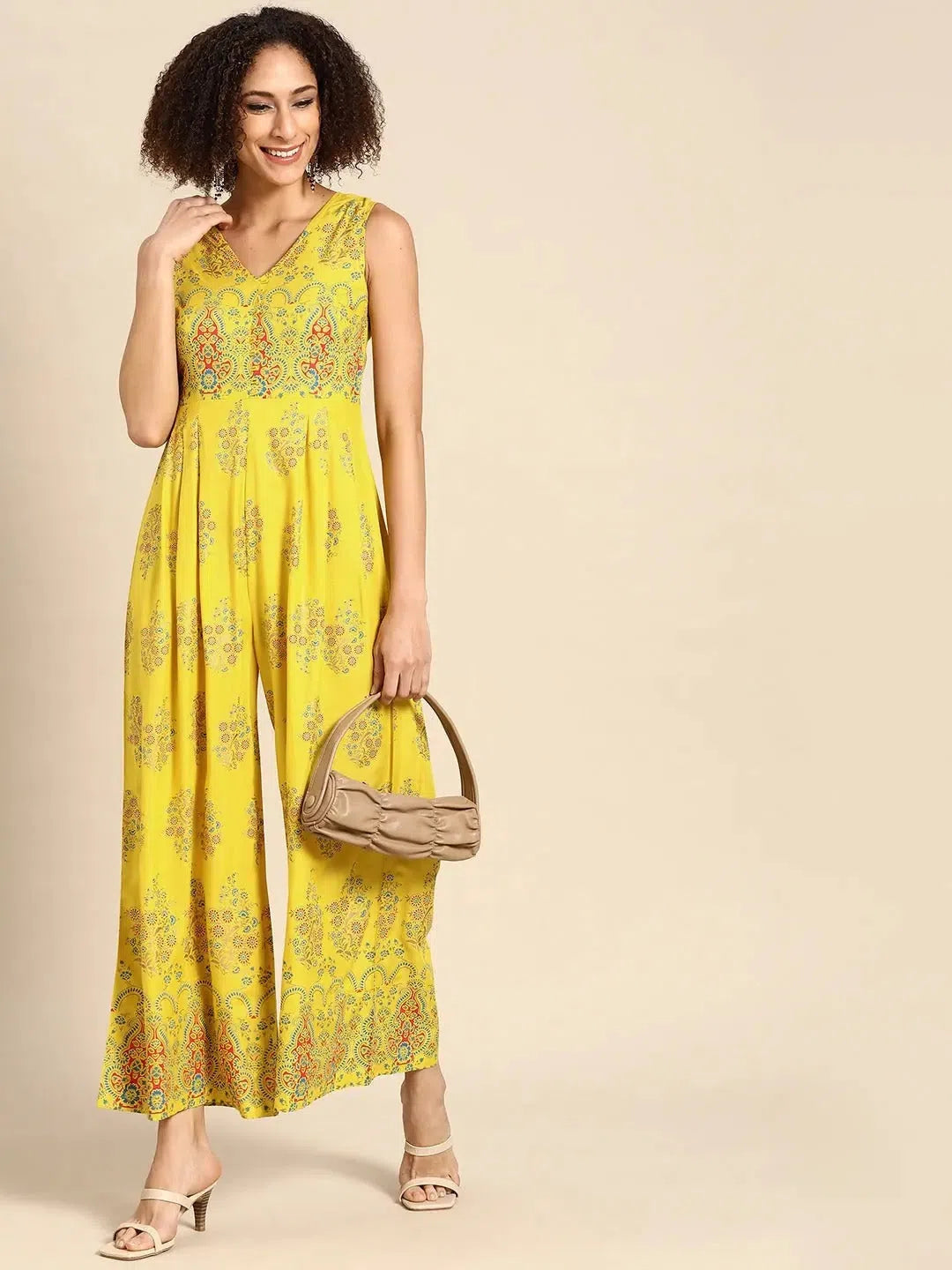 V neck pleated jumpsuit in Yellow Print Silk jumpsuit, Elegant, Luxurious, Evening wear