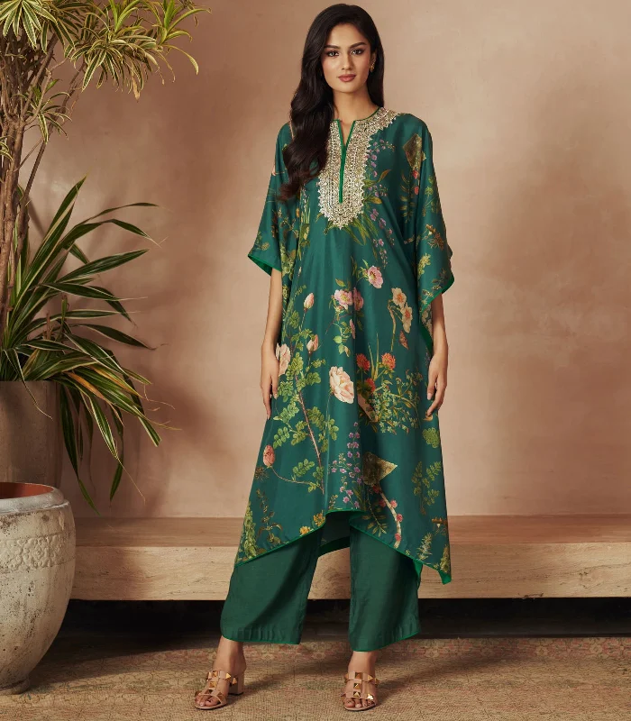 BOTTLE GREEN PRINTED KAFTAN PAIRED WITH PANTS Stretch Fit Pants