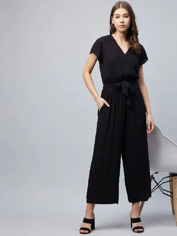 Black Rayon Solid V-Neck Jumpsuit Vintage jumpsuit, Retro style, Trendy, Fashionable