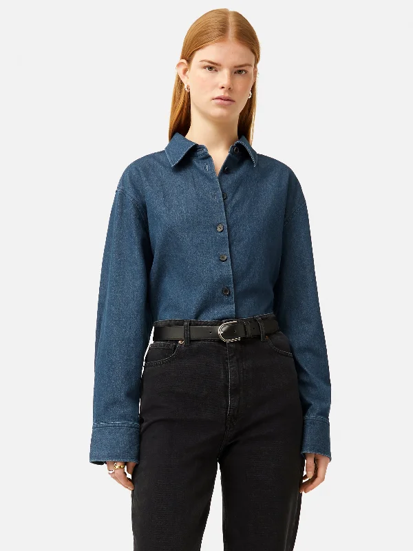 Denim Relaxed Shirt | Indigo-- Embroidered Appliqued Beaded