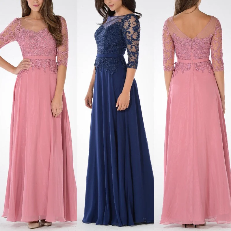 Long Chiffon Mother of the Bride dress 3/4 sleeves Evening Gown Tunics Polka dots