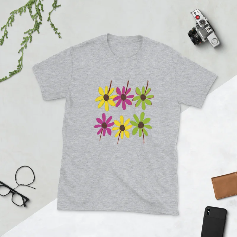 Colourful Hand Drawn Flower Petals Basic Soft-style Short-Sleeve T-Shirt-- Zippered Front Buttoned Front Snap Front