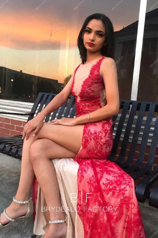 Red Lace Sexy Slit Sleeveless Fit and Flare Plunging Neck Prom Dress Tunics Fall fleece