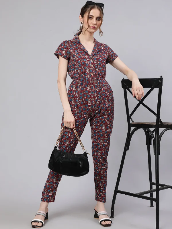 Women's Maroon Kantha Work Jumpsuit - Aks Printed jumpsuit, Bold pattern, Casual, Fashionable