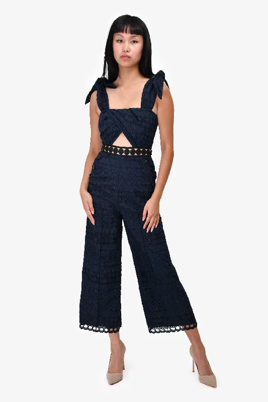 Self-Portrait Navy Eyelet Bow Detail Sleeveless Jumpsuit Size 2 Off-the-shoulder jumpsuit, Sexy, Elegant, Trendy