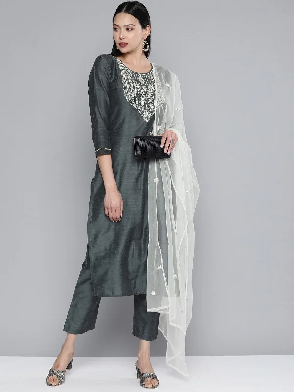 South Cotton Grey Kurta Set With Pants For Women Classic Bootcut Trousers