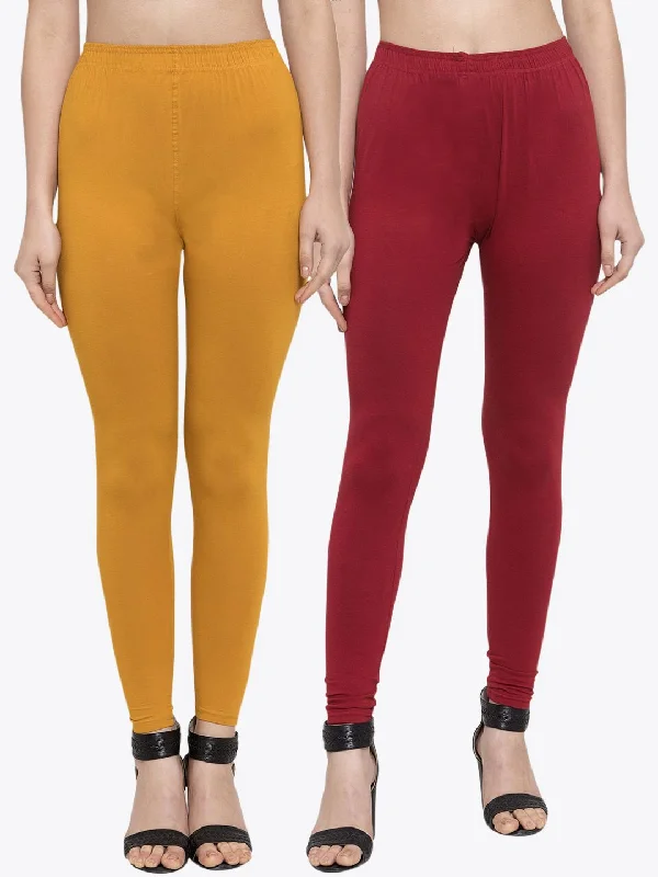 TAG 7 Women Pack Of 2 Mustard Yellow & Maroon Solid Churidar-Length Leggings Trendy Ombre Effect Leggings