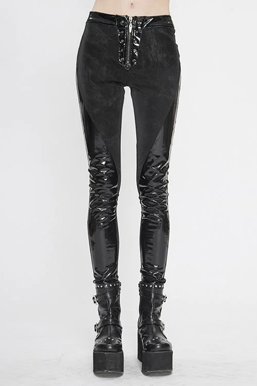 Black Fringe Patent Leather Spliced Punk Leggings Womens Pants Comfortable Lounge Leggings