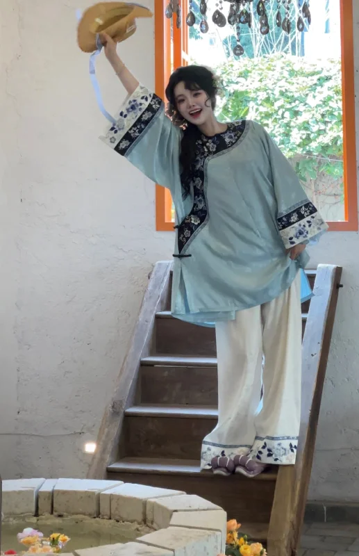 Xue Chuang 雪床 Bed of Snow Qing Han Pastel Embroidered Porcelain Round Collar Top & Pants Set Comfy Cargo Trousers