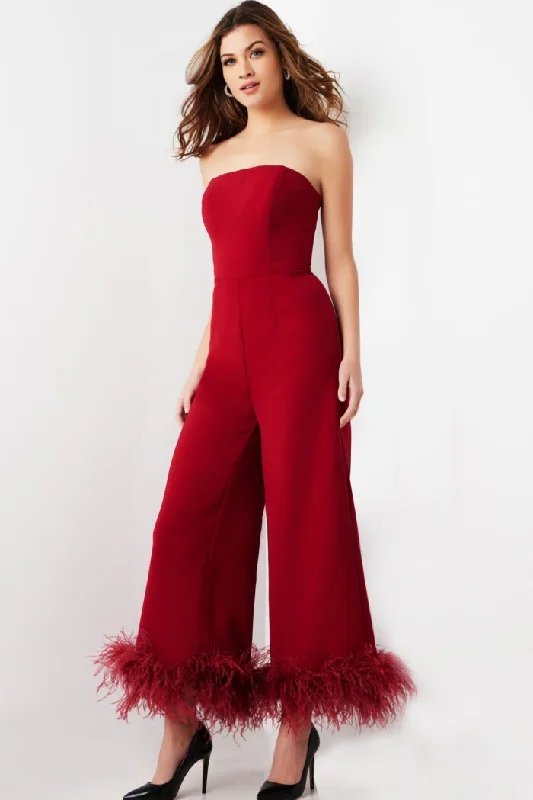 Jovani 22590 Long Evening Feather Formal Jumpsuit Lightweight jumpsuit, Comfortable, Relaxed, Fashionable