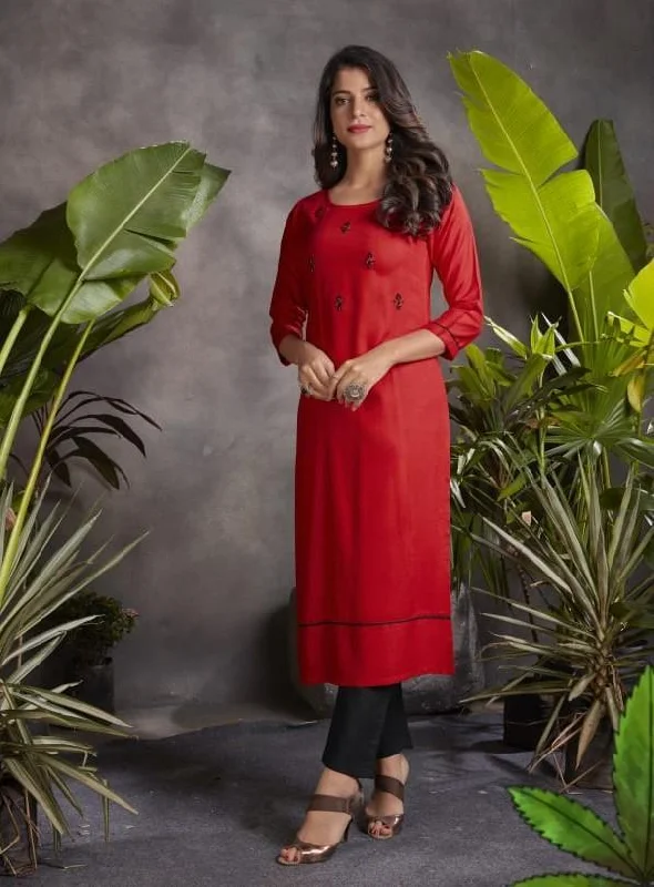 Rayon Red Kurta Pant Set with Hand Work for Women Relaxed Fit Trousers