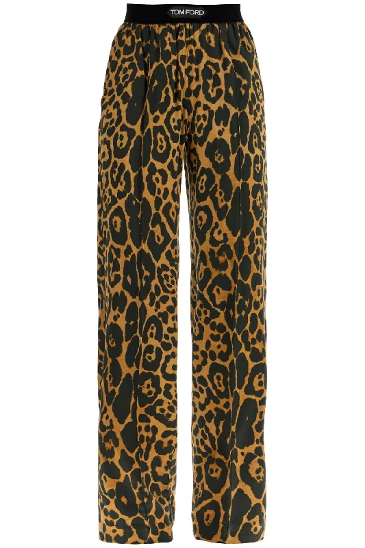 Wide Leg Leopard Print Silk Pants In Camel And Black  - Brown Relaxed Casual Leggings