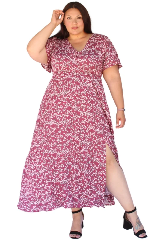 BLOOMCHIC DITSY DUSTY PINK FLORAL SPLIT HEM FLUTTER SLEEVE POCKETS DRESS, SIZES 12, 14, 16, 18, 20, 22 Tunics Cozy soft