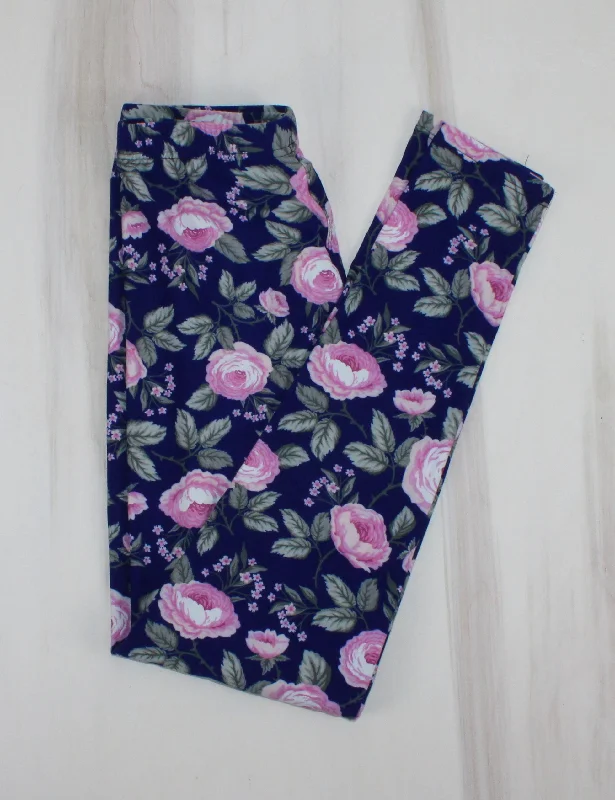 BLUE WITH PINK ROSE LEGGINGS LADIES O/S PRE-LOVED Cozy Mid-Rise Workout Leggings