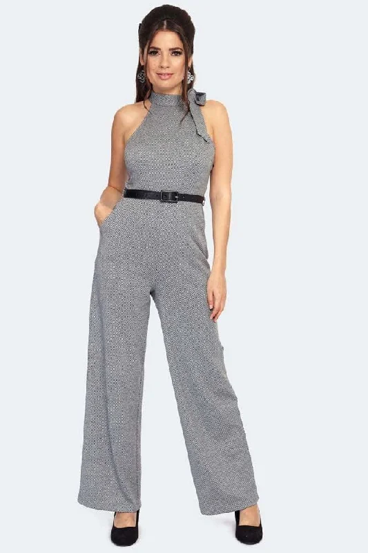 Tie Collar High Neck Knit Jumpsuit Strap jumpsuit, Casual, Relaxed fit, Trendy