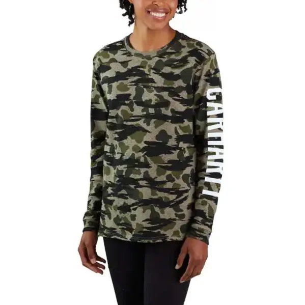 CARHARTT WOMEN'S LOOSE FIT HEAVYWEIGHT LONG-SLEEVE CAMO LOGO GRAPHIC T-SHIRT 105081-- Denim Fabric Leather Fabric Suede Fabric