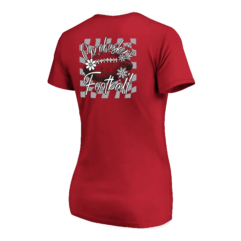 Women's Nebraska Huskers Floral Football T-Shirt-- Polka Dot Checkered Tartan