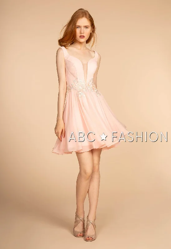 Short Pink V-Neck Dress with Embellished Waist by Elizabeth K GS1617 Boat Neckline Classic