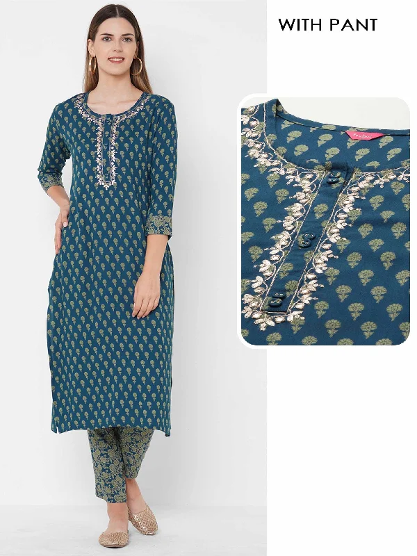 Embroidered Printed Blue Rayon Kurta Pant Set Elegant Palazzo Trousers