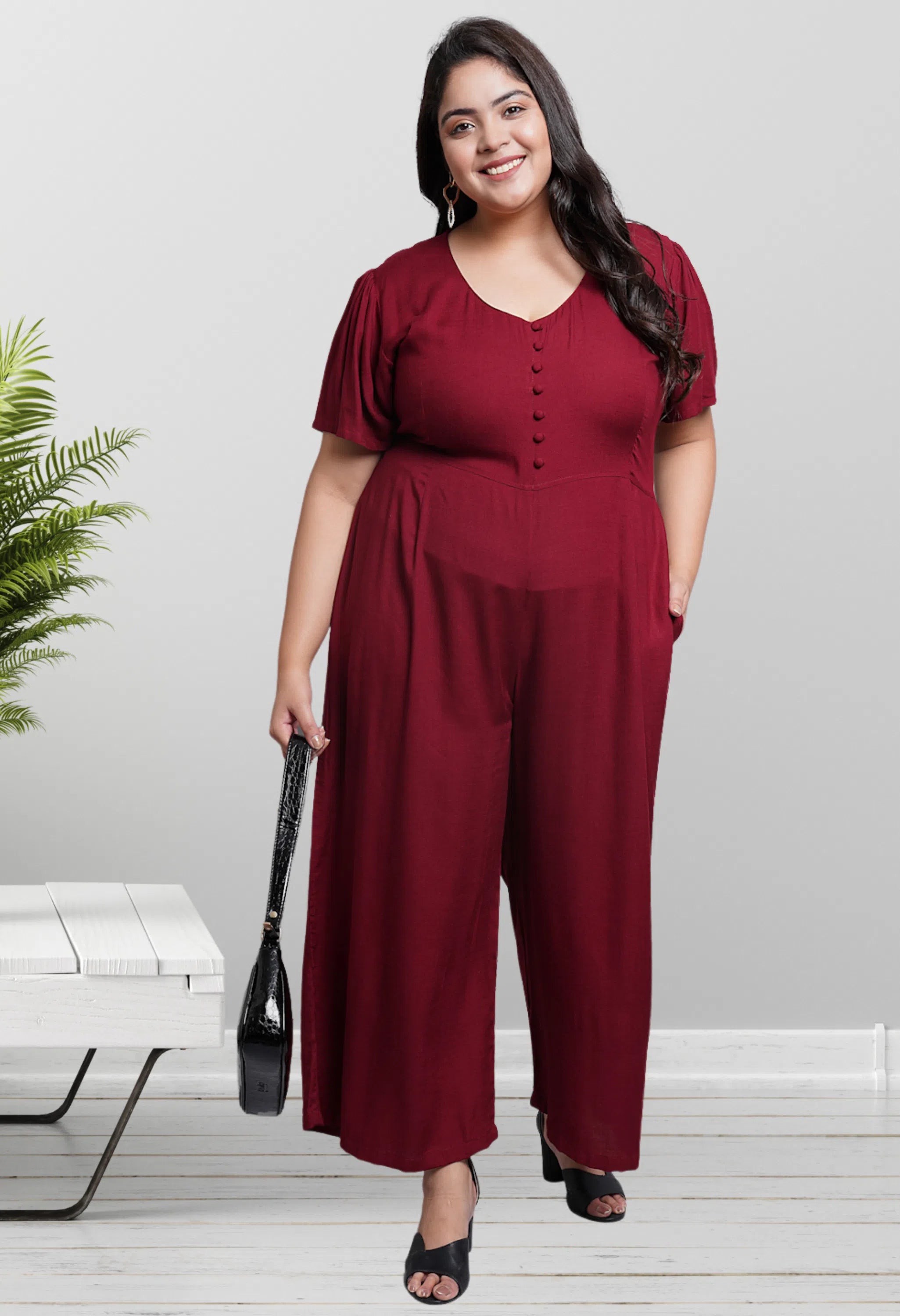 Women Solid Plus Size Maroon Jumpsuits & Sets Plus size jumpsuit, Curvy fit, Comfortable, Trendy