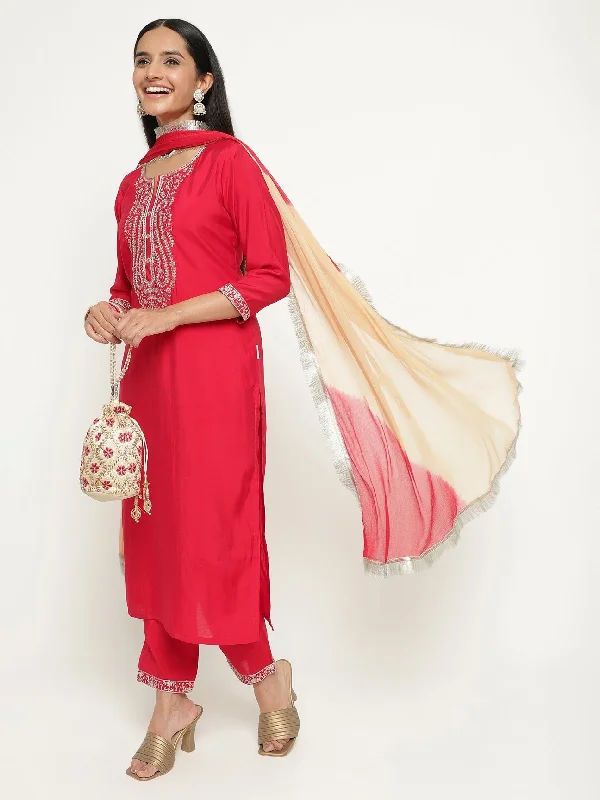 Women'S Party Wear Embroidery Worked Kurta With Pant And Duppata Set - Dwija Fashion Soft Wool Pants