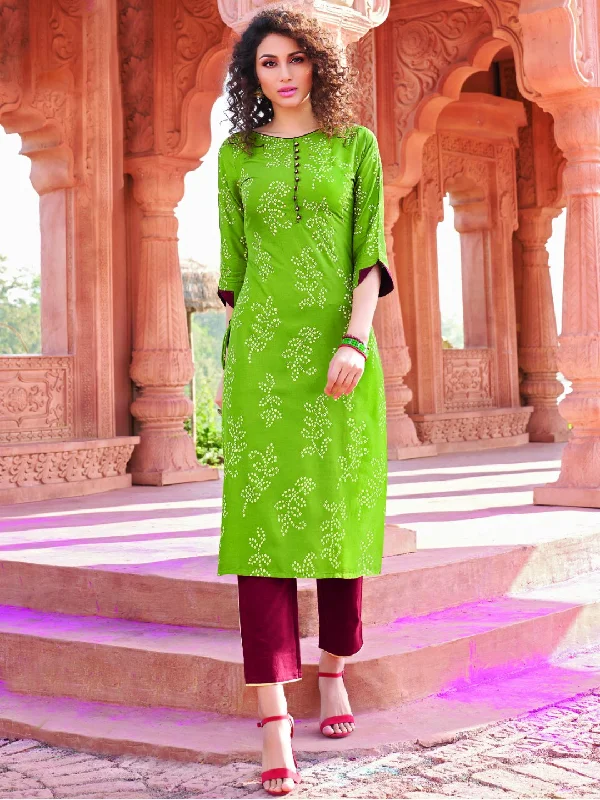 Green Rayon Cotton Kurta with Pants High-Waist Trousers