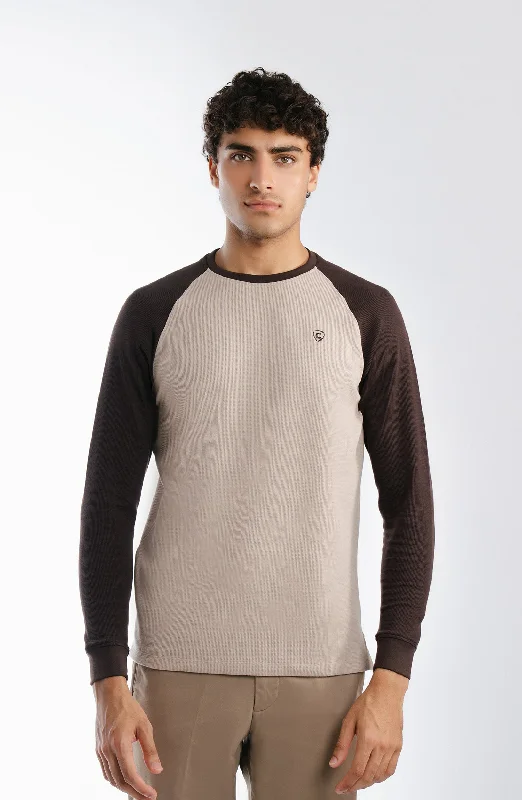 Crew Neck Raglan Dark Brown T-Shirt-- Houndstooth Herringbone Solid