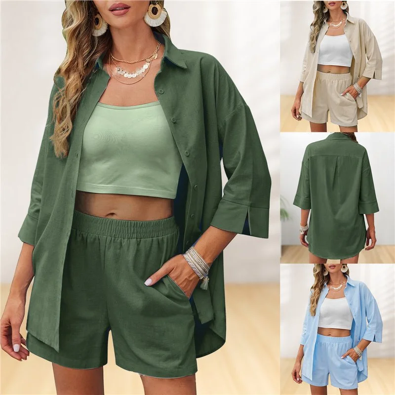 Cross-Border  Summer Fashion Shorts Two Pieces Solid Color Shirt Outfit Female Temperament Casual Loose Short Sleeves-- Elasticated Padded Insulated