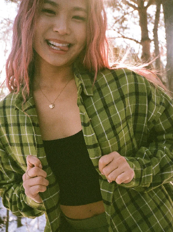 Chloe Kim Oversized Flannel Shirt - Iguana Platz Plaid-- Notch Collar Peter Pan Collar Cowl Neck